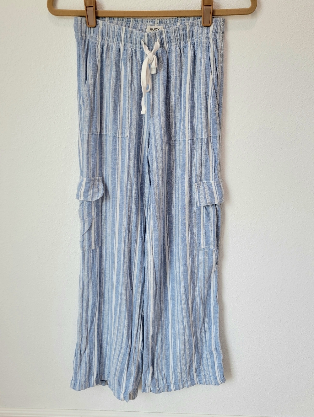 Roxy Linen Style Striped Pants XS Blue White Drawstring